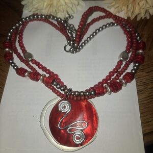 Red Multi-Strand Beaded Pendant Necklace - Unbranded